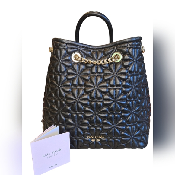 Kate Spade New York Quilted Leather Bloom Chain Strap Backpack Handbag in BLK - Picture 3 of 13